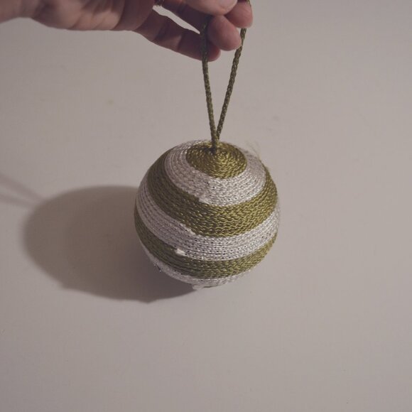 Holiday Ornament Handmade Green-white-Silver Yarn Cord Wrapped Around Ball 4'h - Picture 2 of 4